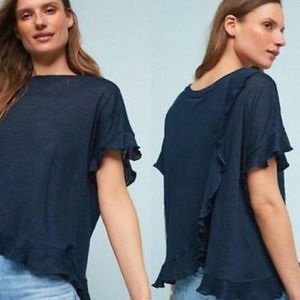 ERI + ALI Short Sleeve Ruffle Blouse Navy Blue